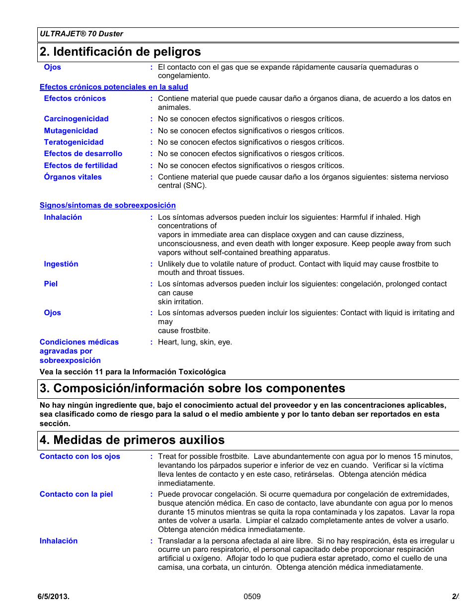 Identificación de peligros, Composición/información sobre los componentes, Medidas de primeros auxilios | Chemtronics Ultrajet 70 ES1015 User Manual | Page 2 / 9