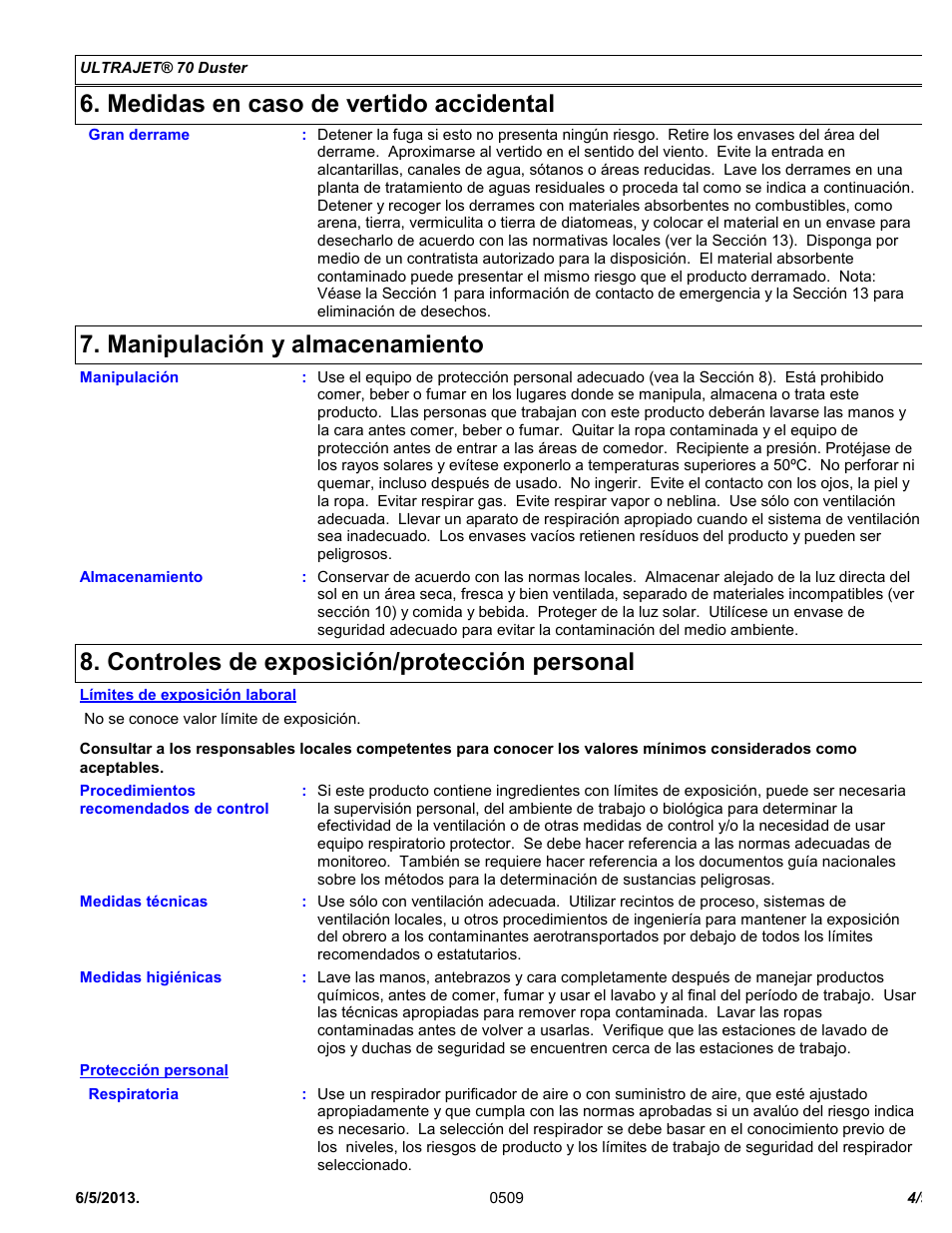 Medidas en caso de vertido accidental, Manipulación y almacenamiento, Controles de exposición/protección personal | Chemtronics Ultrajet 70 ES1015 User Manual | Page 4 / 9