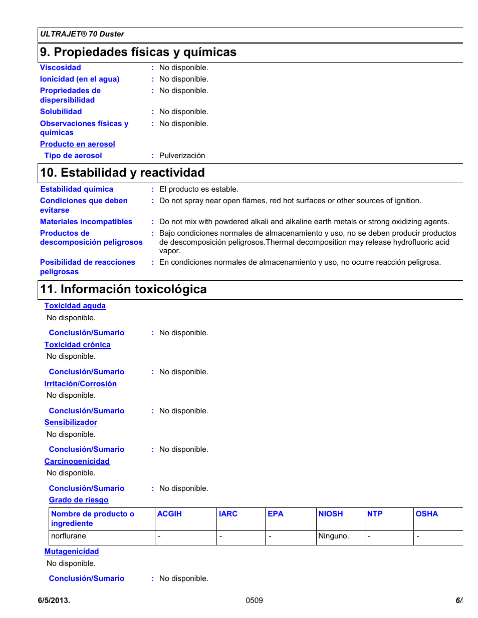Propiedades físicas y químicas, Estabilidad y reactividad, Información toxicológica | Chemtronics Ultrajet 70 ES1015 User Manual | Page 6 / 9