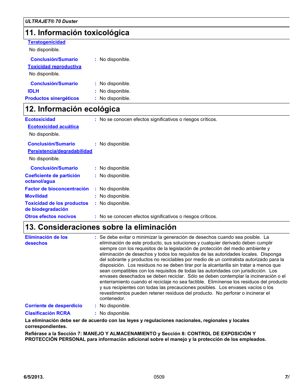 Información toxicológica, Información ecológica, Consideraciones sobre la eliminación | Chemtronics Ultrajet 70 ES1015 User Manual | Page 7 / 9