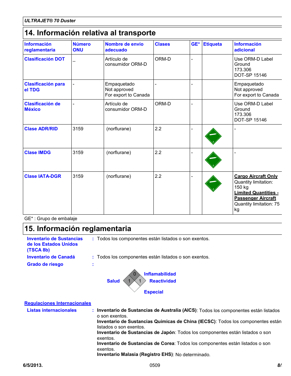 Información relativa al transporte, Información reglamentaria | Chemtronics Ultrajet 70 ES1015 User Manual | Page 8 / 9