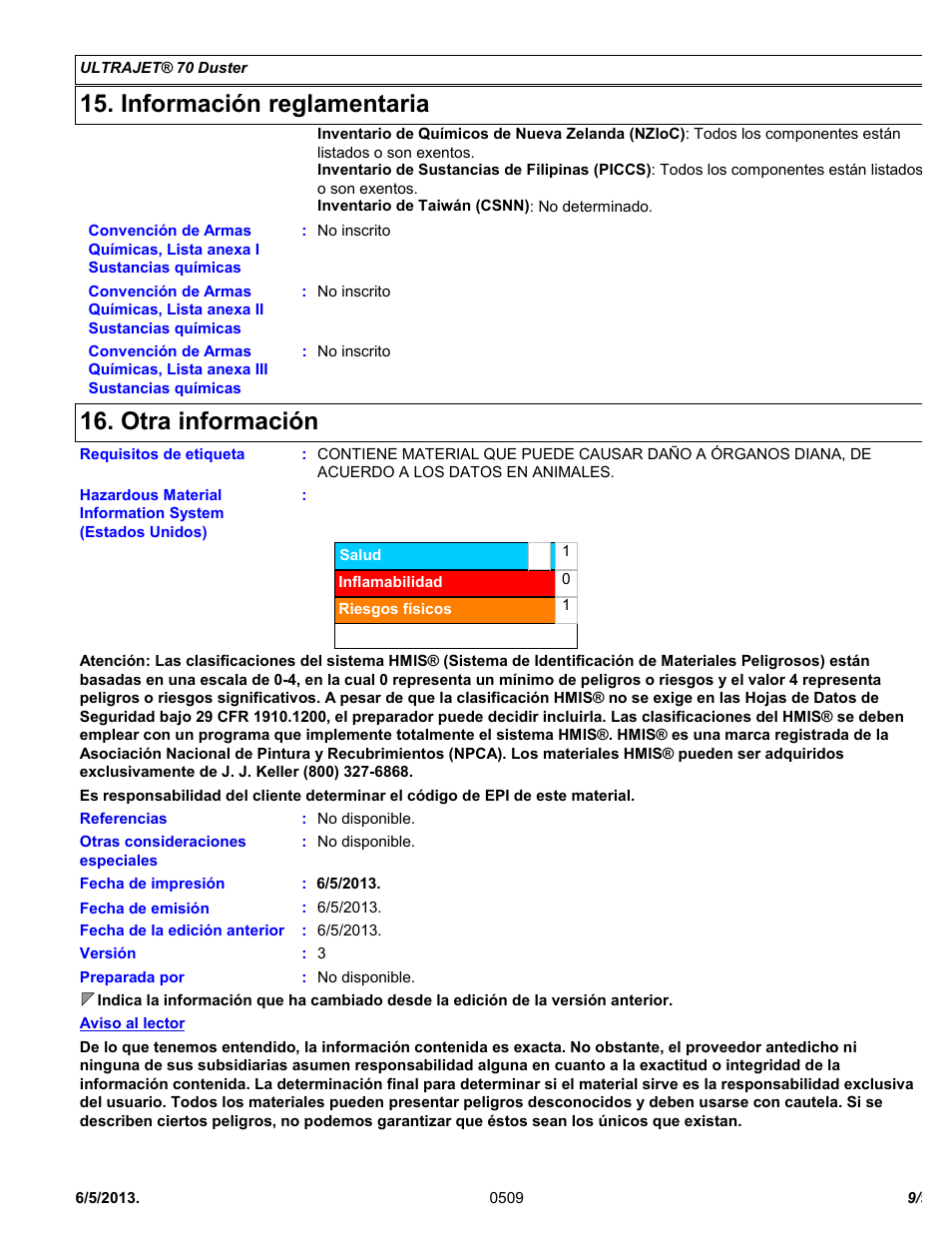 Información reglamentaria, Otra información | Chemtronics Ultrajet 70 ES1015 User Manual | Page 9 / 9