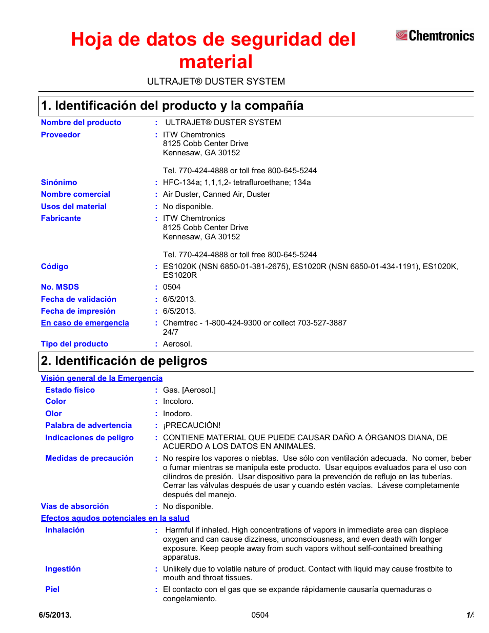 Chemtronics Ultrajet Duster System ES1020R User Manual | 9 pages