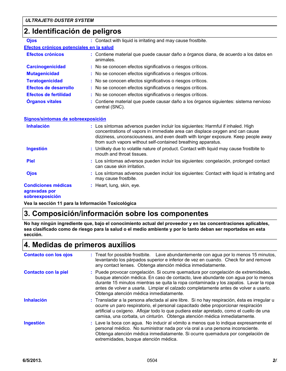 Identificación de peligros, Composición/información sobre los componentes, Medidas de primeros auxilios | Chemtronics Ultrajet Duster System ES1020R User Manual | Page 2 / 9