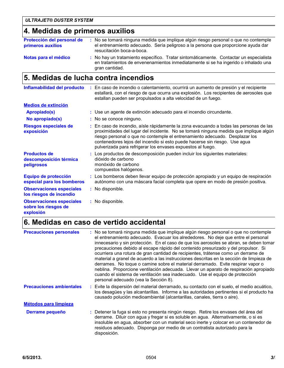Medidas de primeros auxilios, Medidas de lucha contra incendios, Medidas en caso de vertido accidental | Chemtronics Ultrajet Duster System ES1020R User Manual | Page 3 / 9