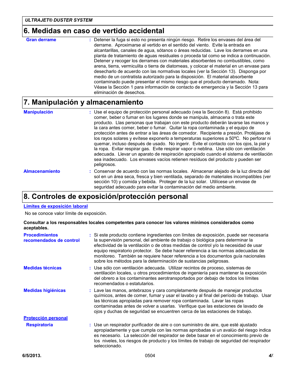 Medidas en caso de vertido accidental, Manipulación y almacenamiento, Controles de exposición/protección personal | Chemtronics Ultrajet Duster System ES1020R User Manual | Page 4 / 9
