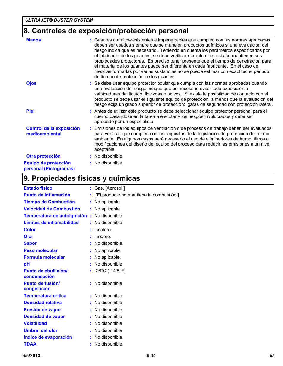 Controles de exposición/protección personal, Propiedades físicas y químicas | Chemtronics Ultrajet Duster System ES1020R User Manual | Page 5 / 9