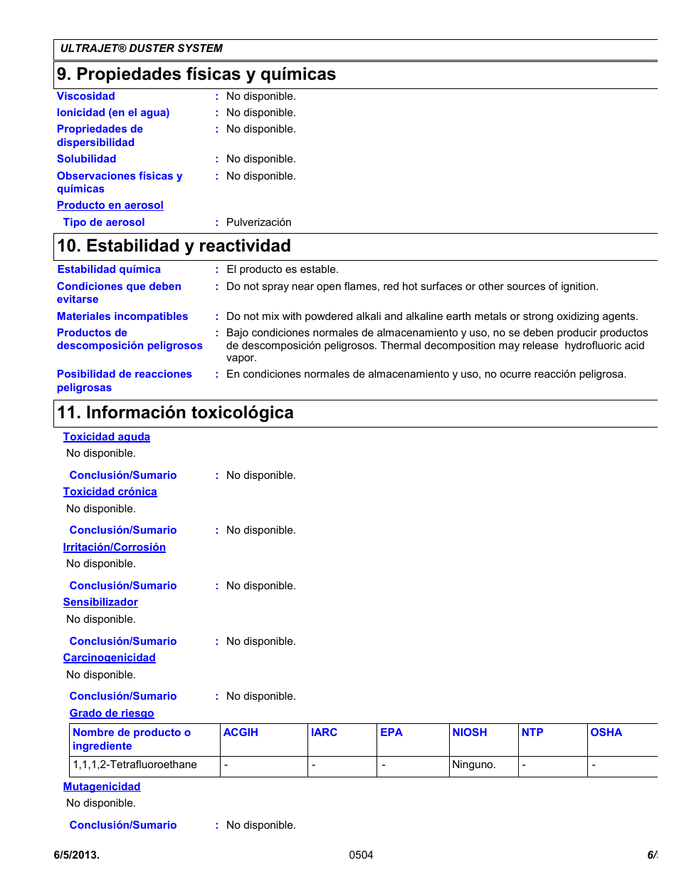 Propiedades físicas y químicas, Estabilidad y reactividad, Información toxicológica | Chemtronics Ultrajet Duster System ES1020R User Manual | Page 6 / 9