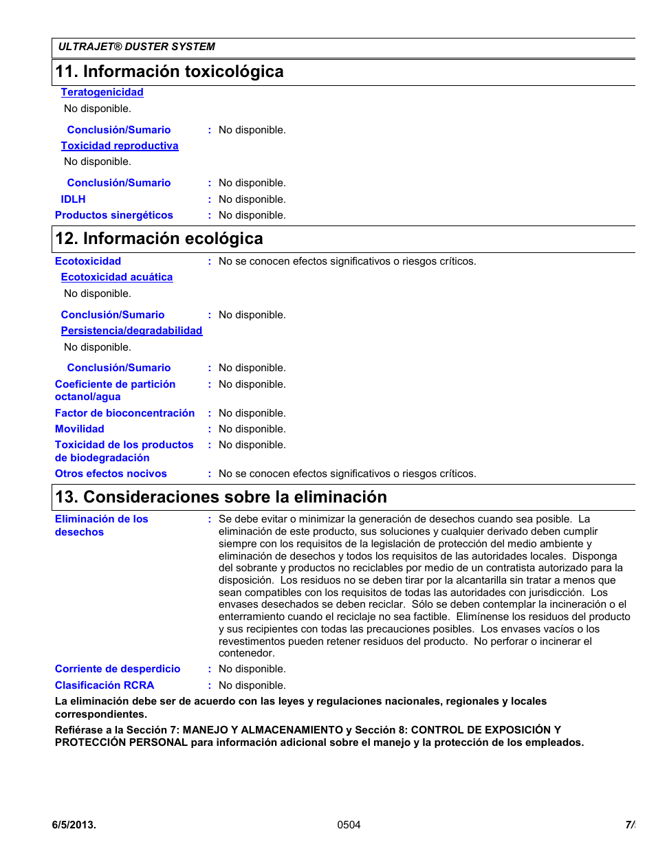 Información toxicológica, Información ecológica, Consideraciones sobre la eliminación | Chemtronics Ultrajet Duster System ES1020R User Manual | Page 7 / 9