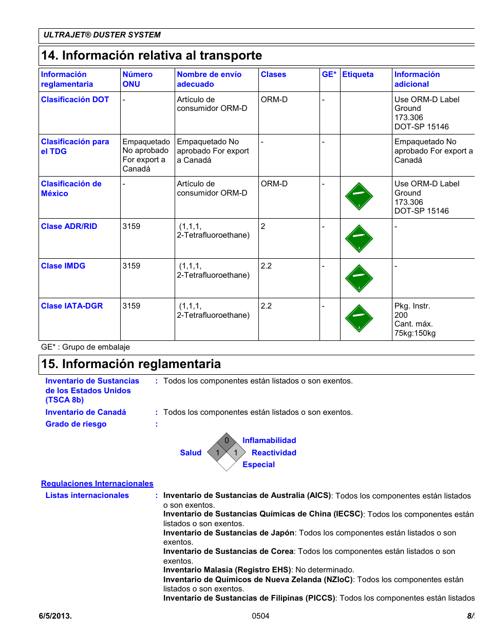 Información relativa al transporte, Información reglamentaria | Chemtronics Ultrajet Duster System ES1020R User Manual | Page 8 / 9