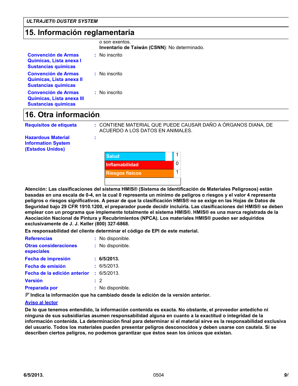 Información reglamentaria, Otra información | Chemtronics Ultrajet Duster System ES1020R User Manual | Page 9 / 9
