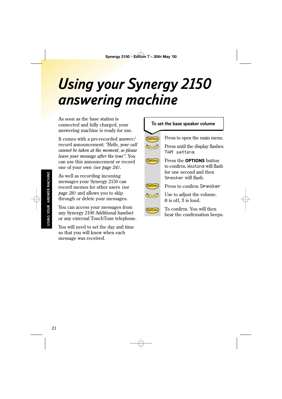 Using your synergy 2150 answering machine | BT Synergy 2150 User Manual | Page 26 / 60