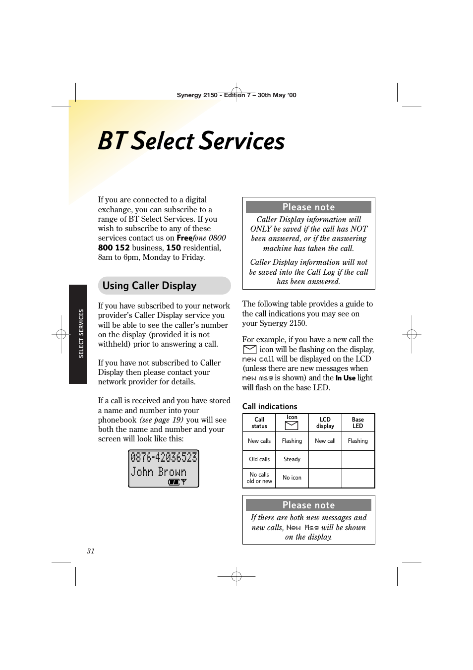 Bt select services, Using caller display | BT Synergy 2150 User Manual | Page 36 / 60