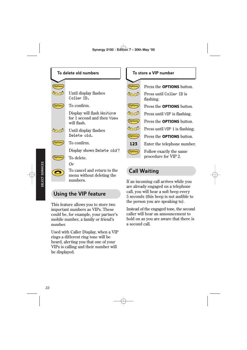 Call waiting using the vip feature | BT Synergy 2150 User Manual | Page 38 / 60
