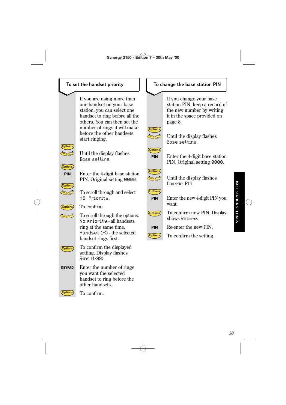 Base setting, Hs priority, No priority | Handset 1-5, Ring (1-99), Change pin | BT Synergy 2150 User Manual | Page 43 / 60
