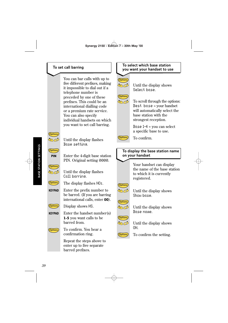 Base setting, Call barring, Select base | Best base, Base 1-4, Show base, Base name | BT Synergy 2150 User Manual | Page 44 / 60
