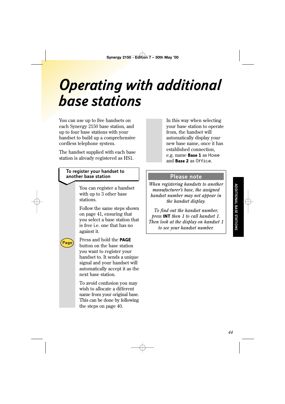 Operating with additional base stations | BT Synergy 2150 User Manual | Page 49 / 60