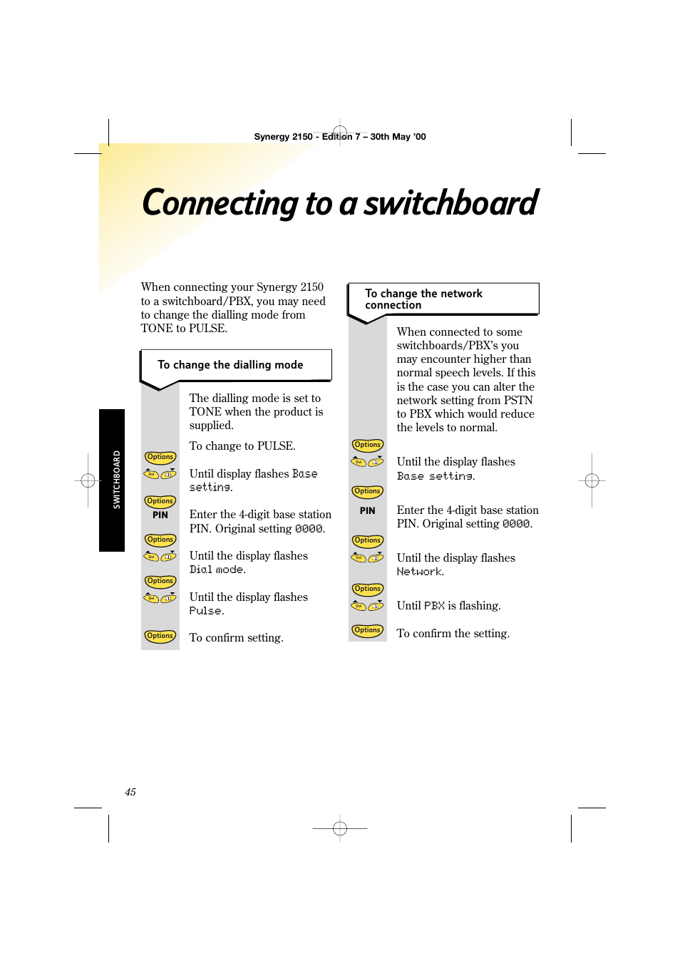 Connecting to a switchboard, Base setting | BT Synergy 2150 User Manual | Page 50 / 60