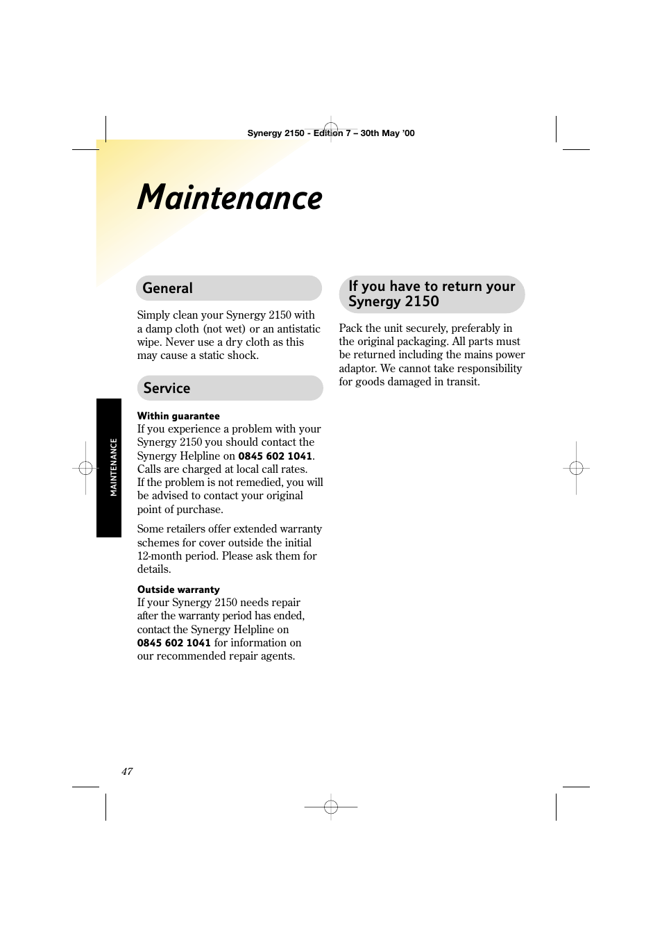 Maintenance | BT Synergy 2150 User Manual | Page 52 / 60