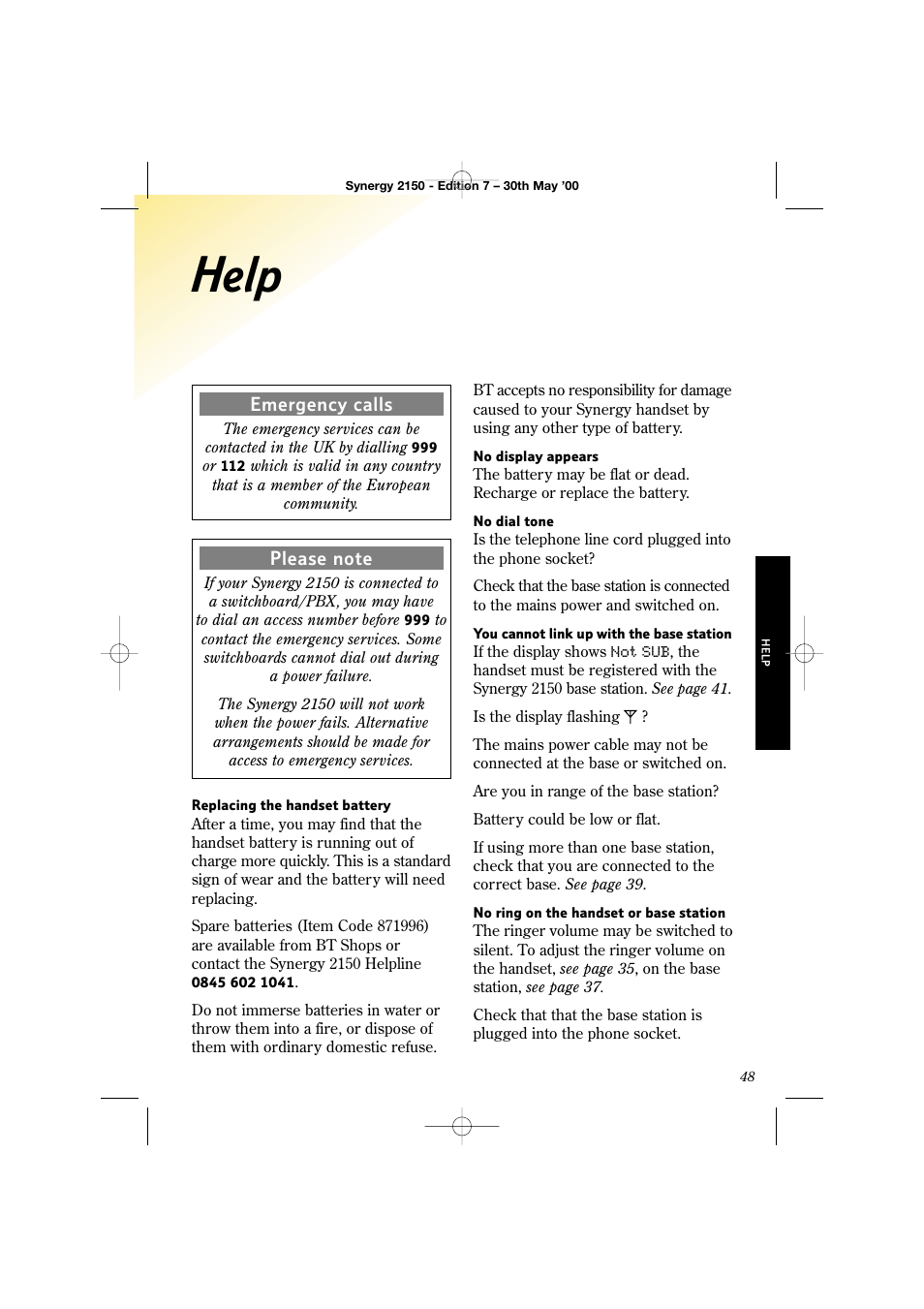 Help | BT Synergy 2150 User Manual | Page 53 / 60