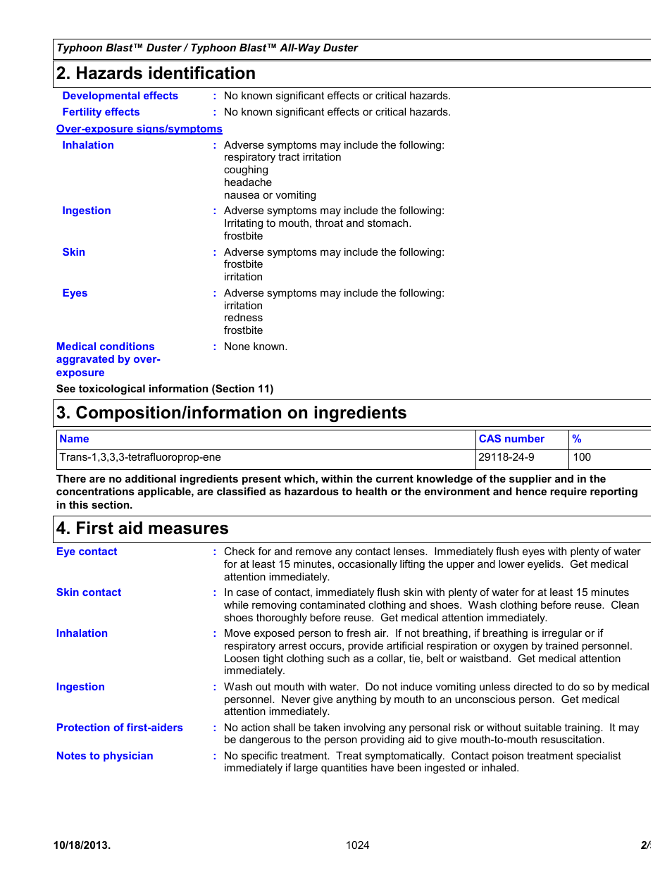 Hazards identification, Composition/information on ingredients, First aid measures | Chemtronics Typhoon Blast All-Way ES1624 User Manual | Page 2 / 9