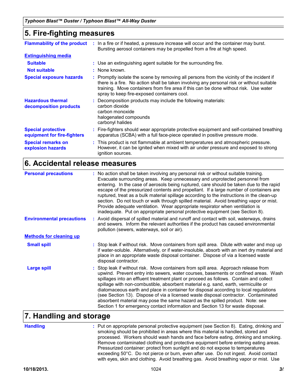Fire-fighting measures, Accidental release measures, Handling and storage | Chemtronics Typhoon Blast All-Way ES1624 User Manual | Page 3 / 9