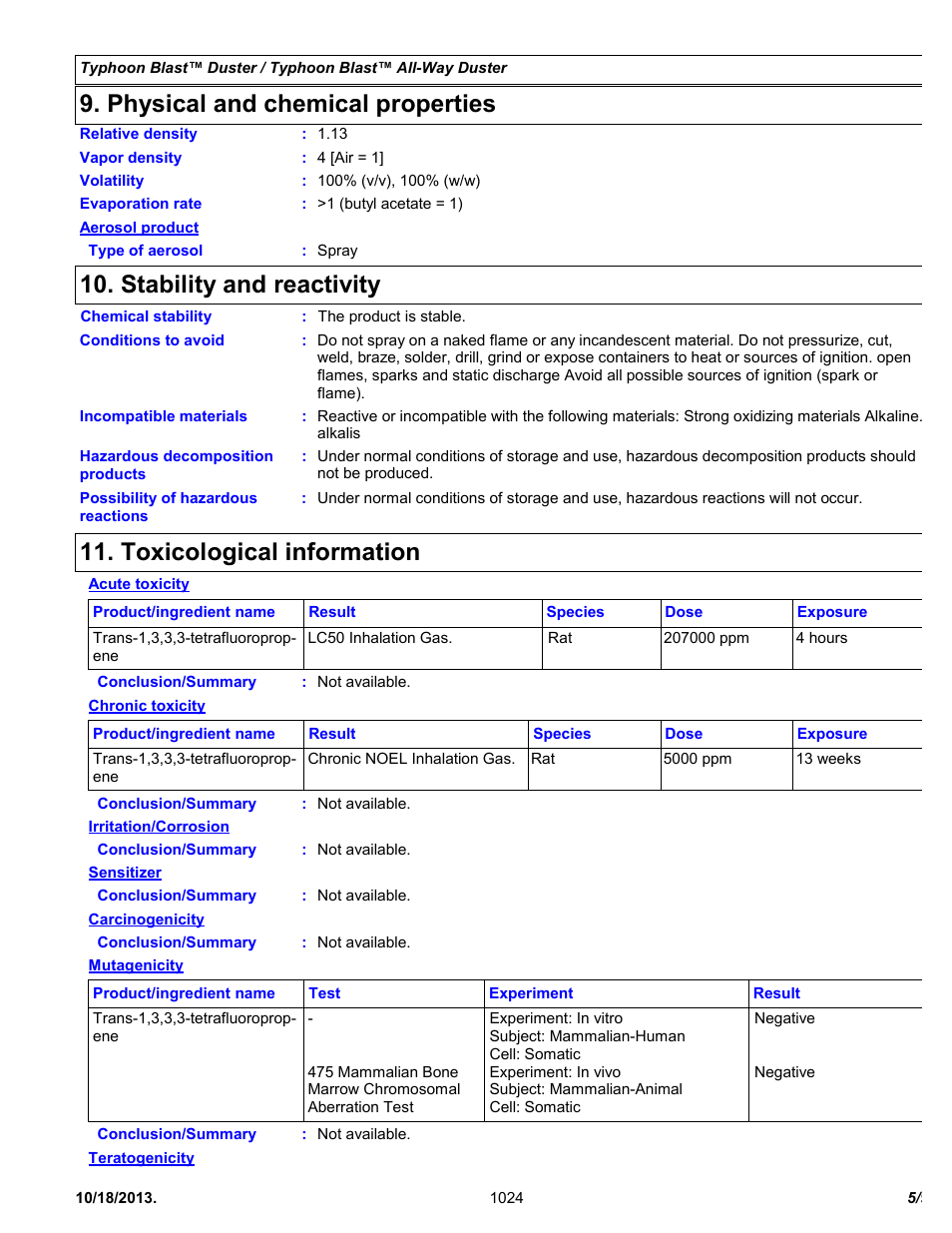 Physical and chemical properties, Stability and reactivity, Toxicological information | Chemtronics Typhoon Blast All-Way ES1624 User Manual | Page 5 / 9
