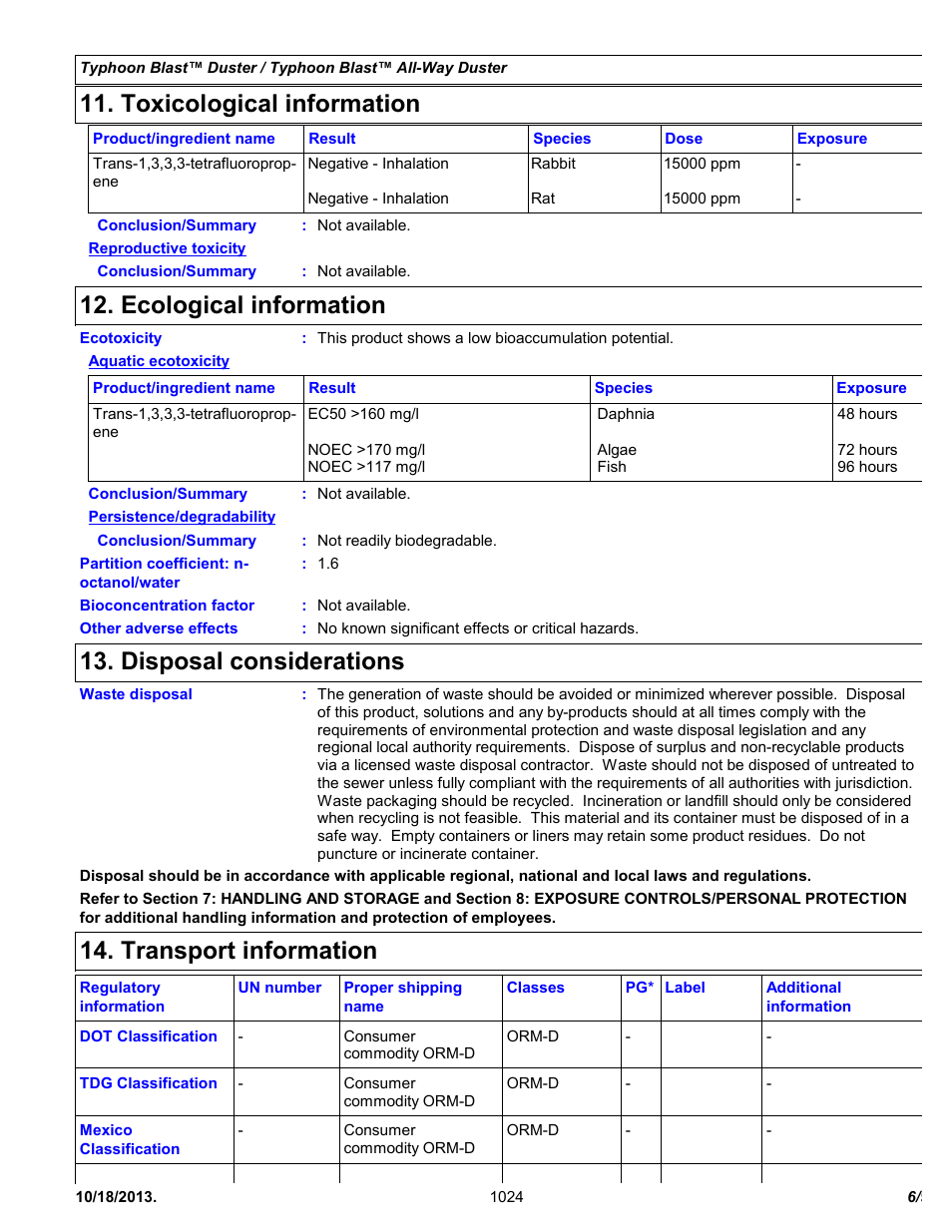 Toxicological information, Ecological information, Disposal considerations | Transport information | Chemtronics Typhoon Blast All-Way ES1624 User Manual | Page 6 / 9