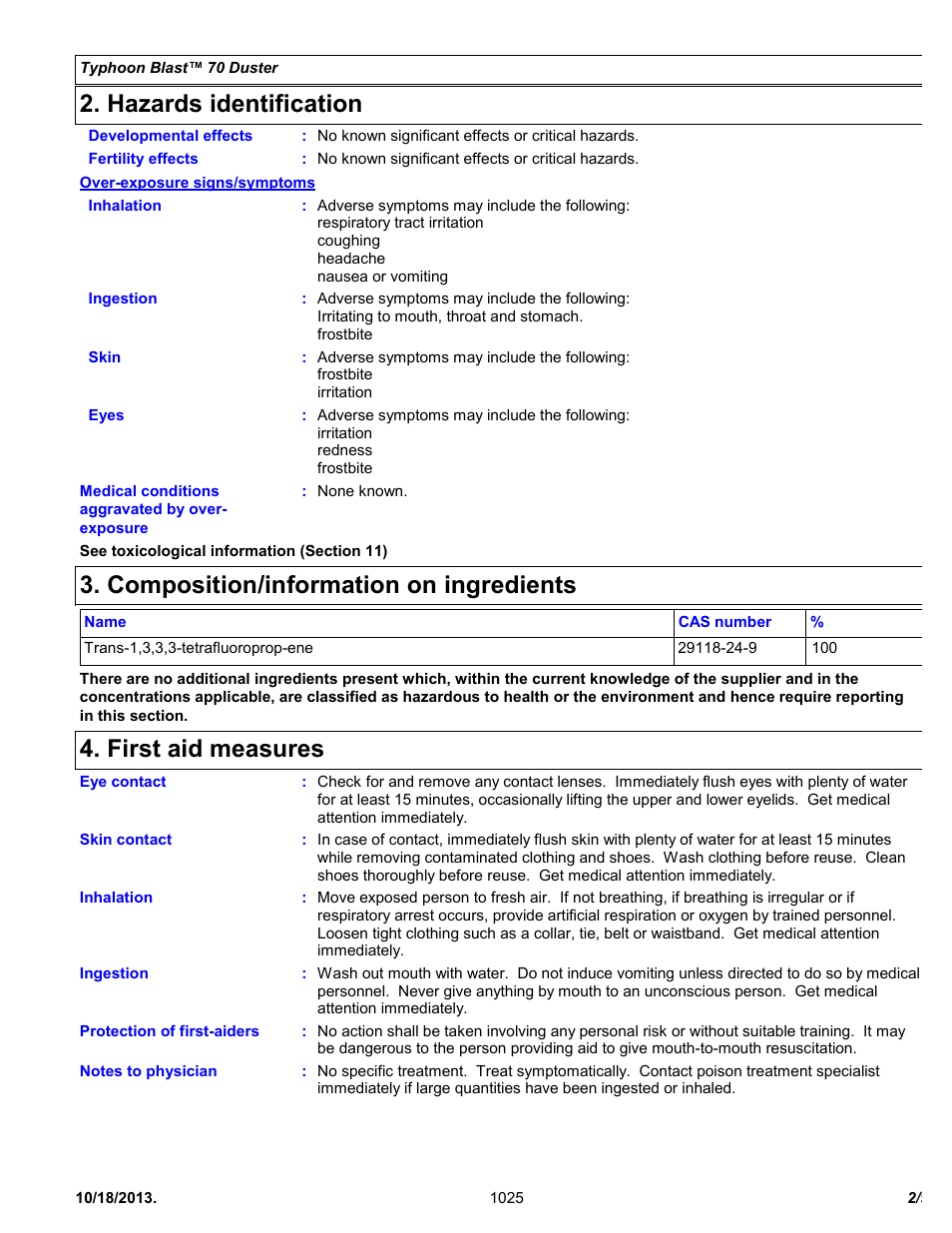 Hazards identification, Composition/information on ingredients, First aid measures | Chemtronics Typhoon Blast 70 Duster ES1025 User Manual | Page 2 / 9