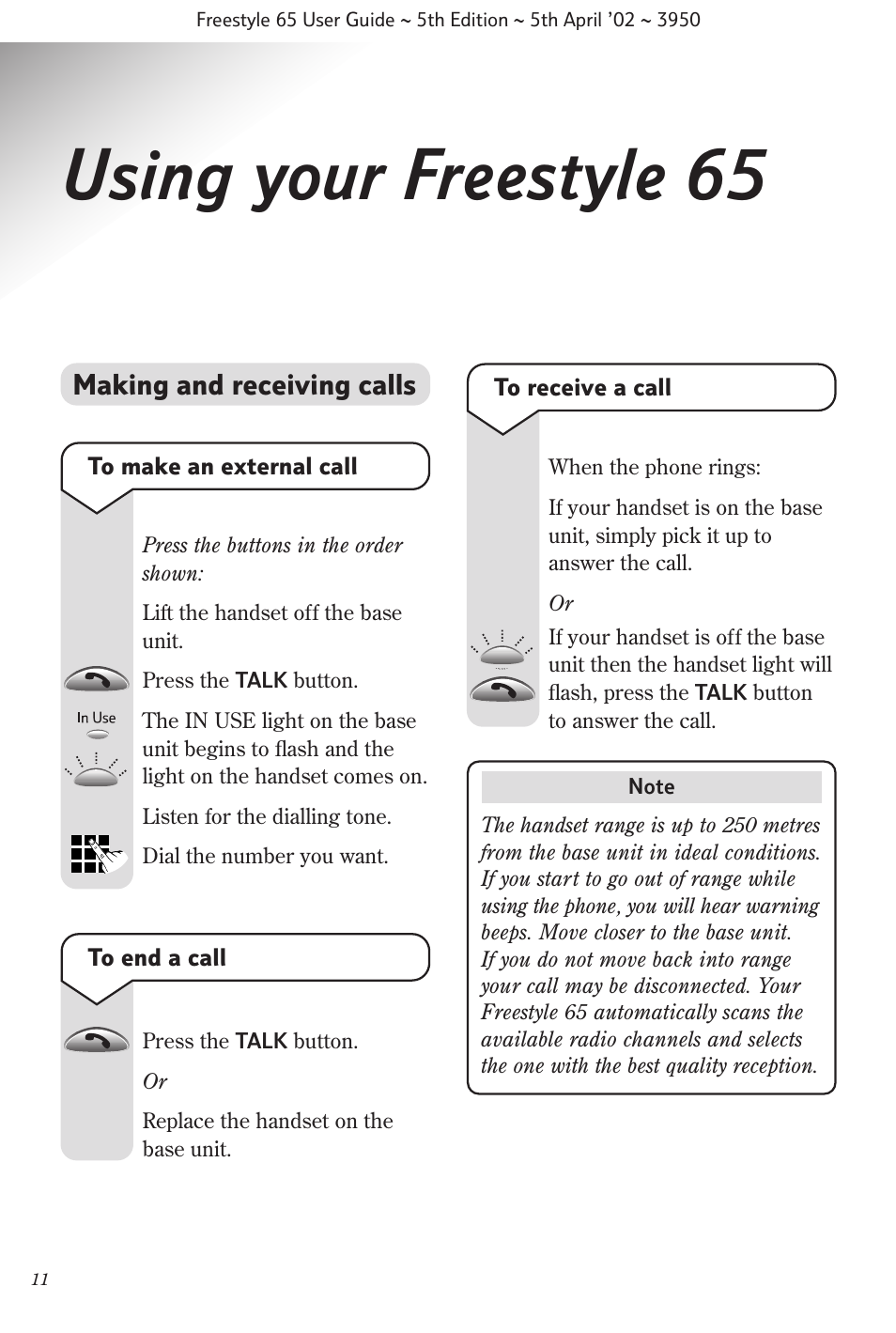 Using your freestyle 65, Making and receiving calls | BT Freestyle 65 User Manual | Page 14 / 54