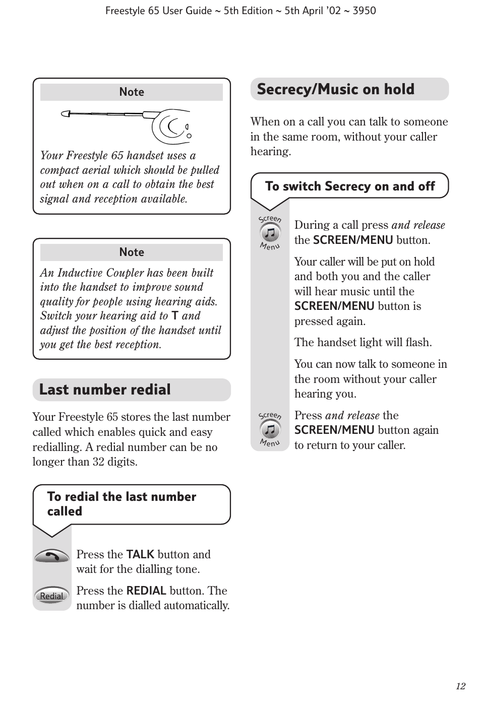 Last number redial, Secrecy/music on hold | BT Freestyle 65 User Manual | Page 15 / 54