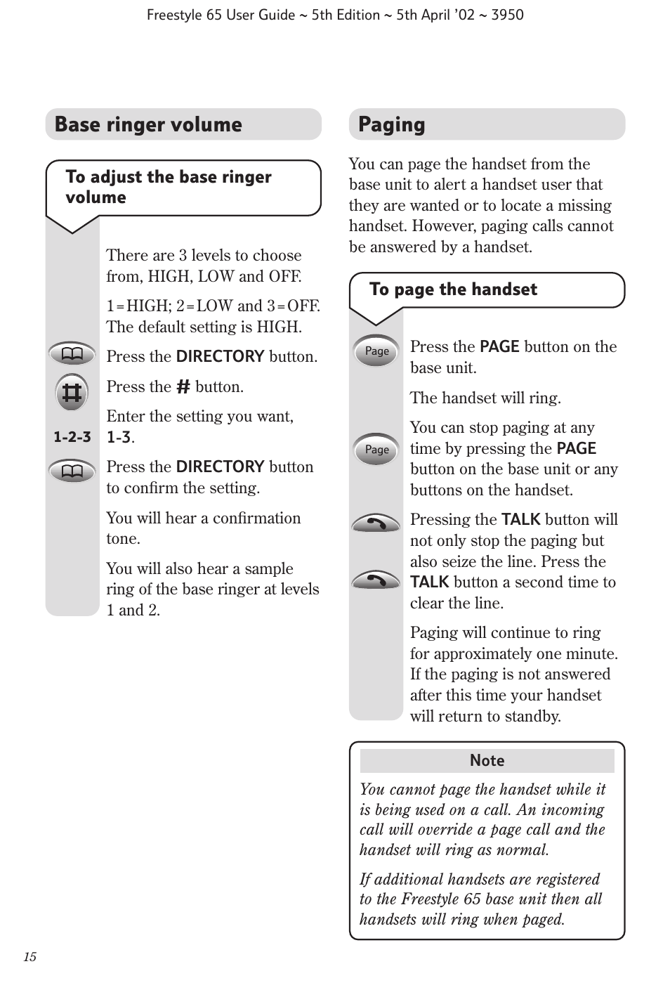 Paging, Base ringer volume | BT Freestyle 65 User Manual | Page 18 / 54