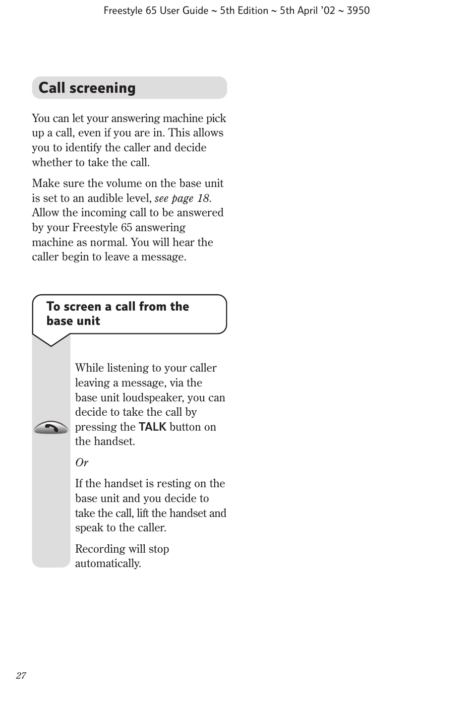 Call screening | BT Freestyle 65 User Manual | Page 30 / 54