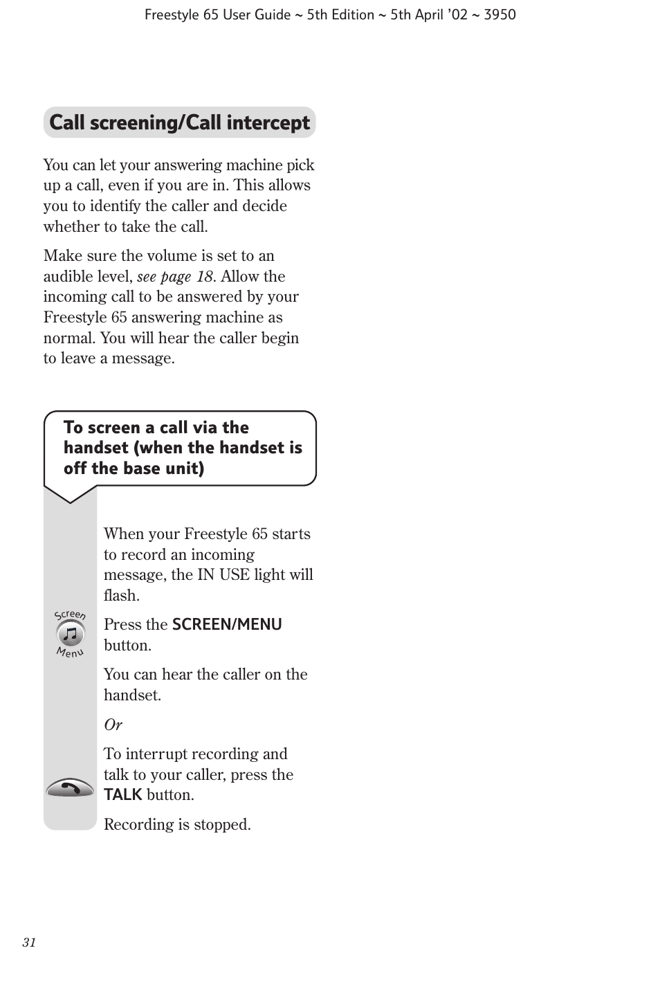 Call screening/call intercept | BT Freestyle 65 User Manual | Page 34 / 54