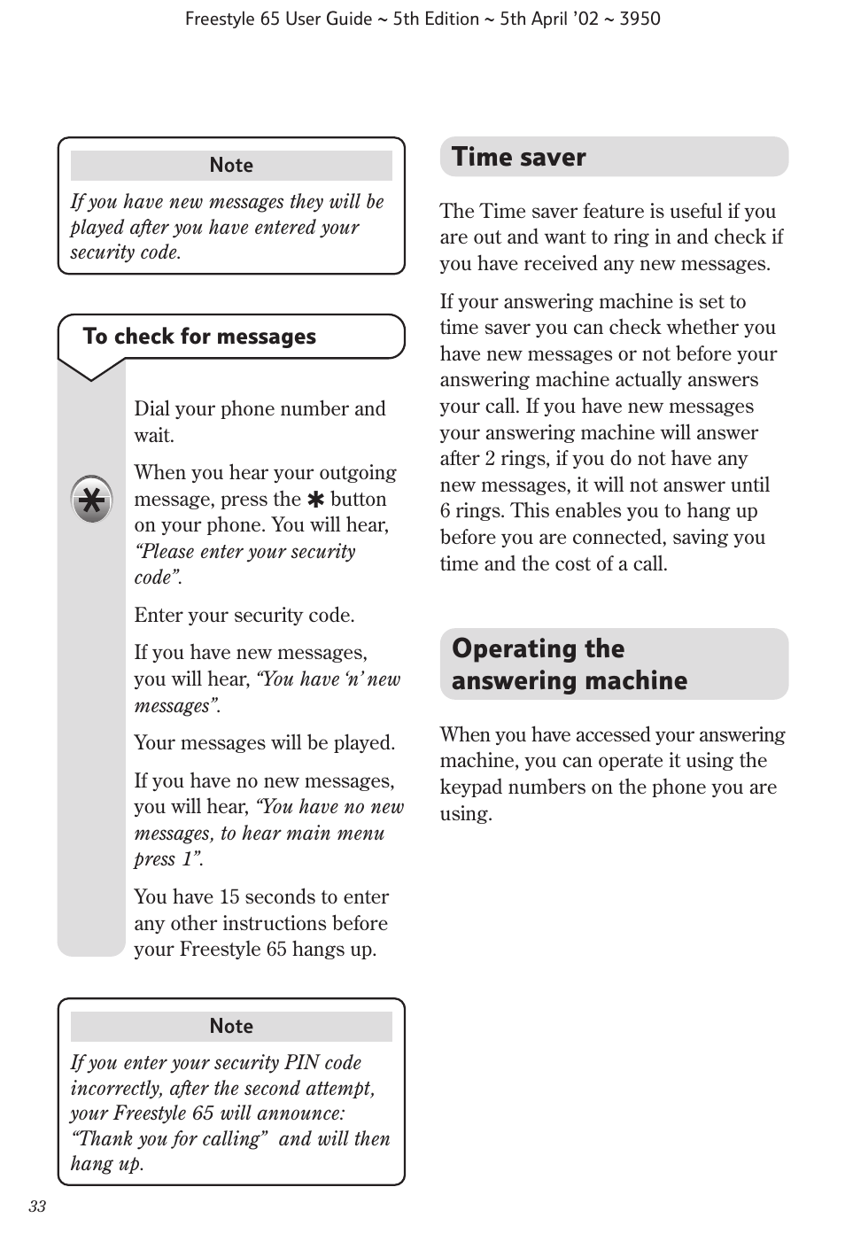 Operating the answering machine, Time saver | BT Freestyle 65 User Manual | Page 36 / 54