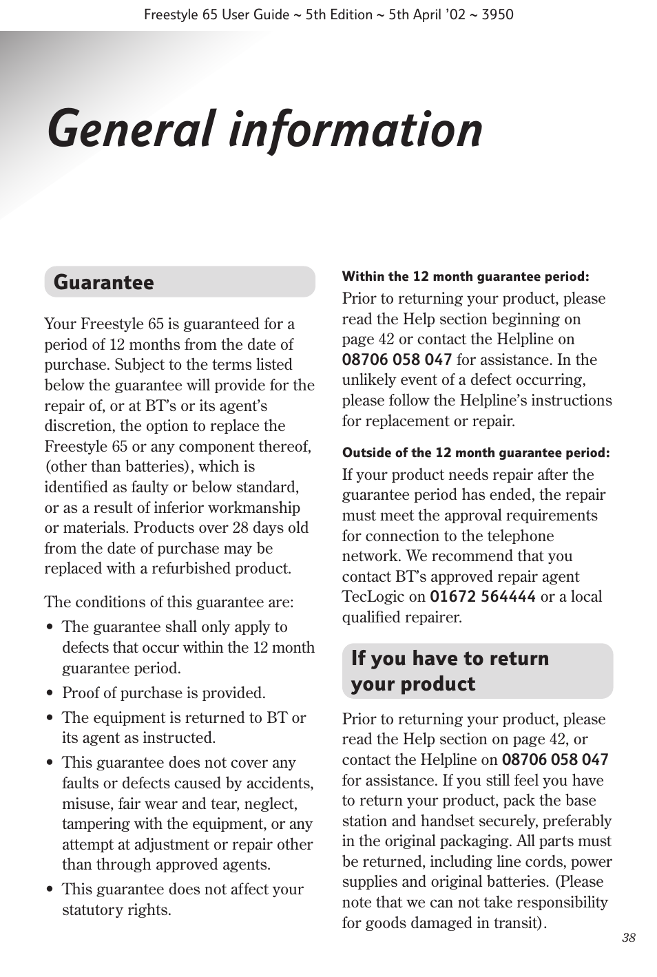 General information, Guarantee, If you have to return your product | BT Freestyle 65 User Manual | Page 41 / 54