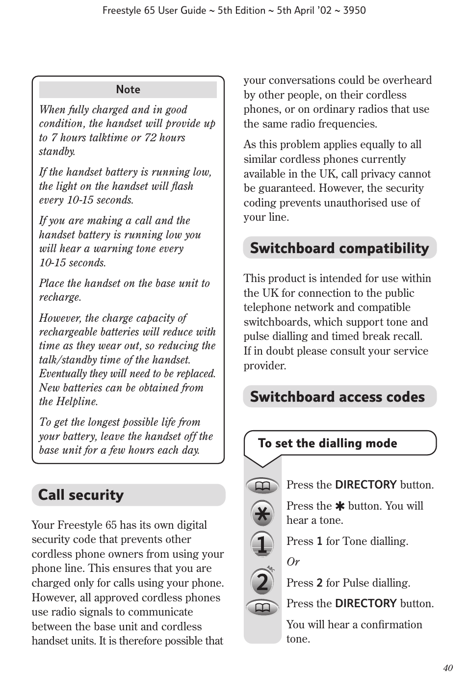 Call security, Switchboard compatibility, Switchboard access codes | BT Freestyle 65 User Manual | Page 43 / 54