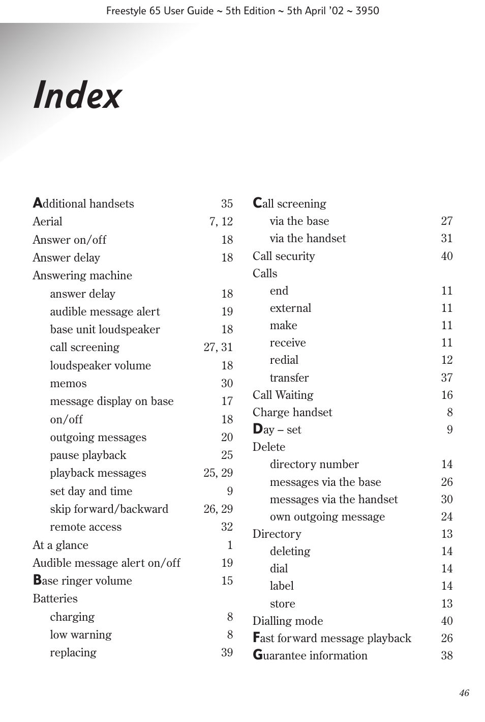 Index | BT Freestyle 65 User Manual | Page 49 / 54