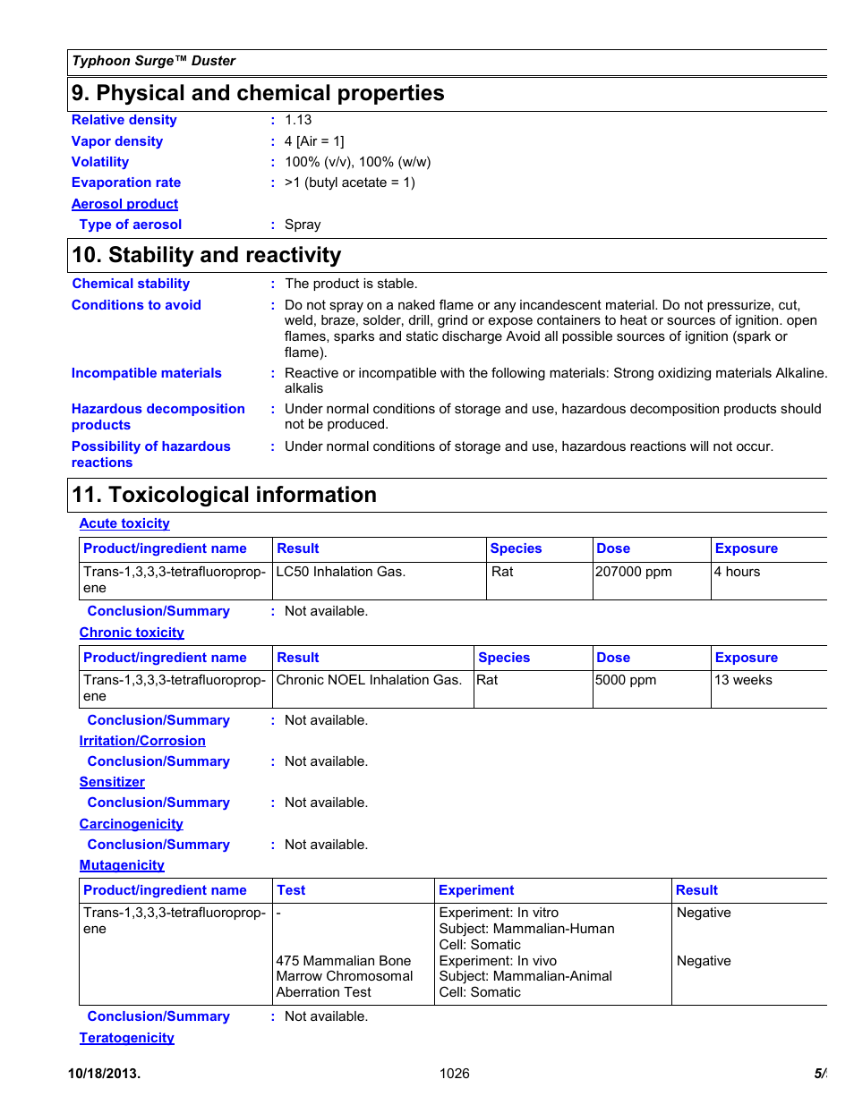 Physical and chemical properties, Stability and reactivity, Toxicological information | Chemtronics Typhoon Surge ES1026 User Manual | Page 5 / 9