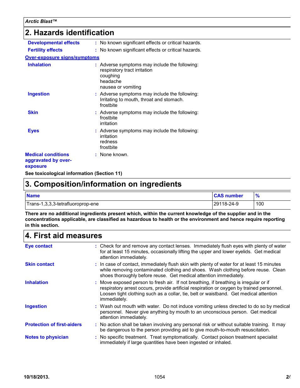 Hazards identification, Composition/information on ingredients, First aid measures | Chemtronics Arctic Blast ES1054 User Manual | Page 2 / 9