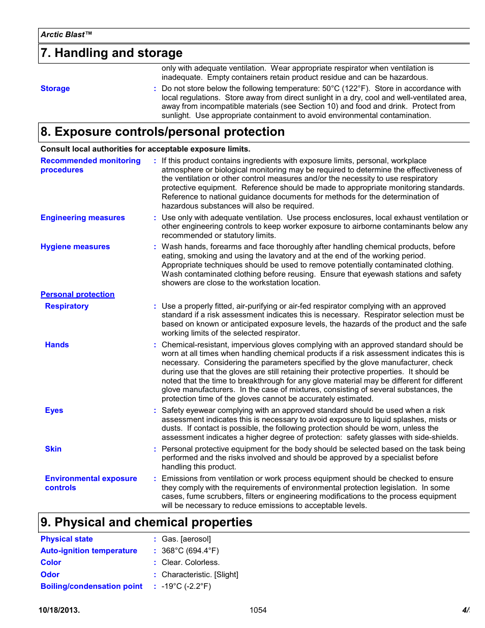 Handling and storage, Exposure controls/personal protection, Physical and chemical properties | Chemtronics Arctic Blast ES1054 User Manual | Page 4 / 9