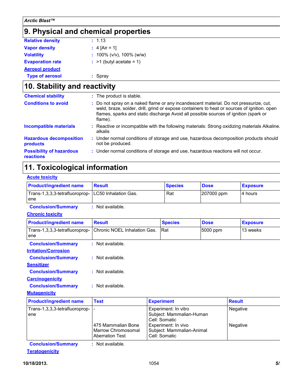 Physical and chemical properties, Stability and reactivity, Toxicological information | Chemtronics Arctic Blast ES1054 User Manual | Page 5 / 9