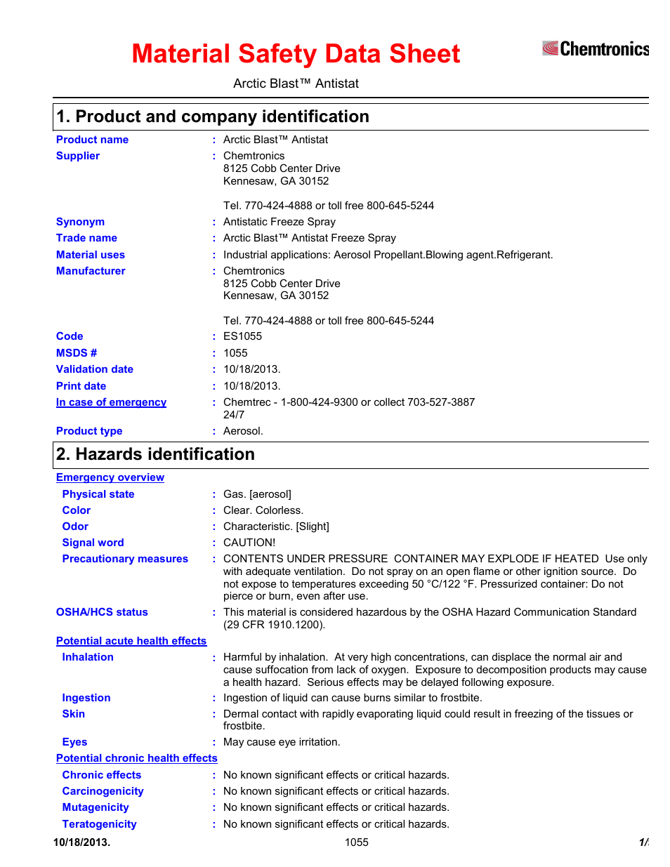 Chemtronics Arctic Blast Antistat ES1055 User Manual | 9 pages