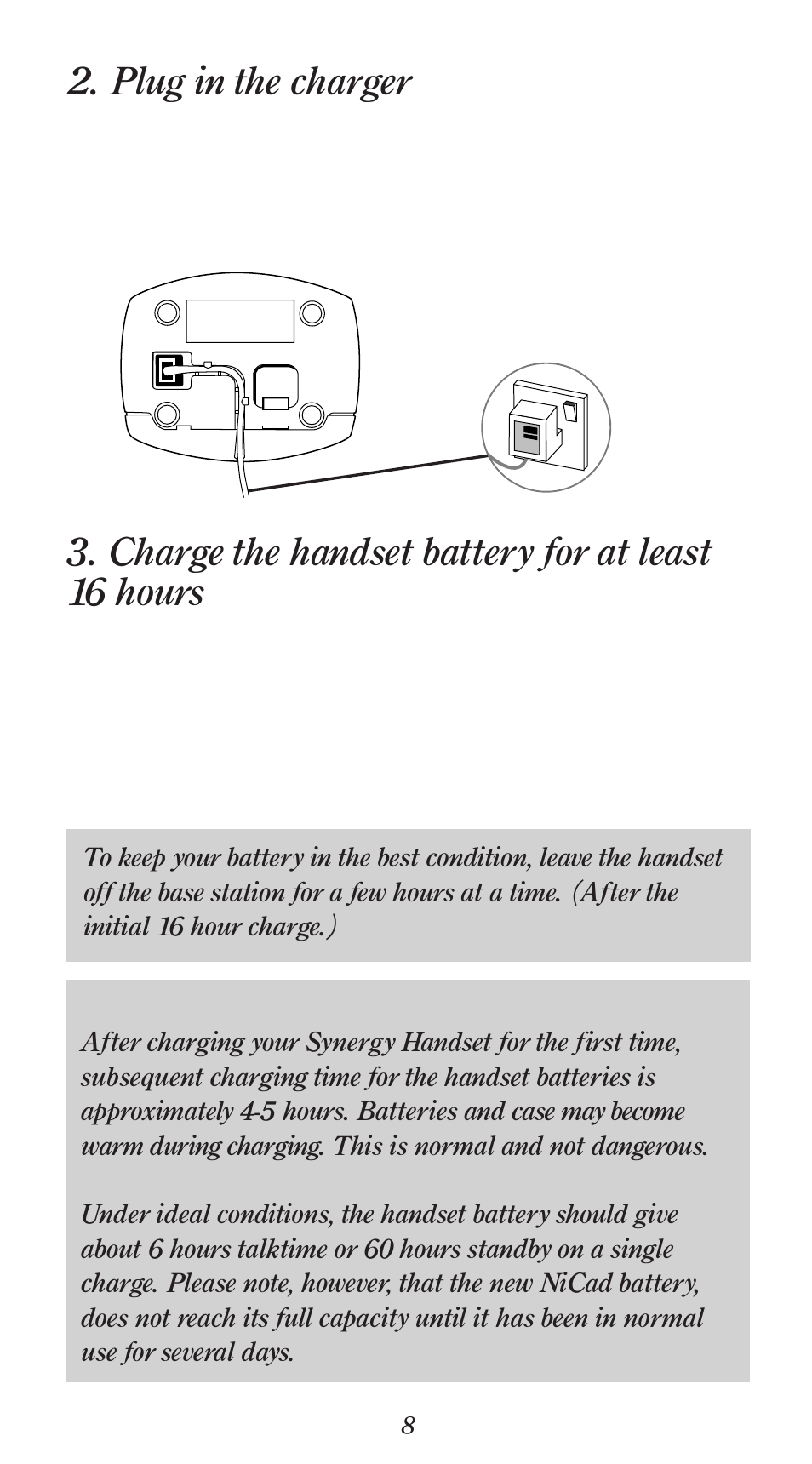 Plug in the charger, Charge the handset battery for at least 16 hours | BT 1000 User Manual | Page 12 / 57