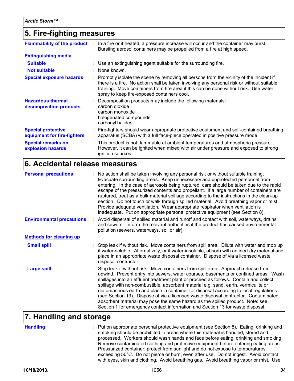 Fire-fighting measures, Accidental release measures, Handling and storage | Chemtronics Arctic Storm ES1056 User Manual | Page 3 / 9