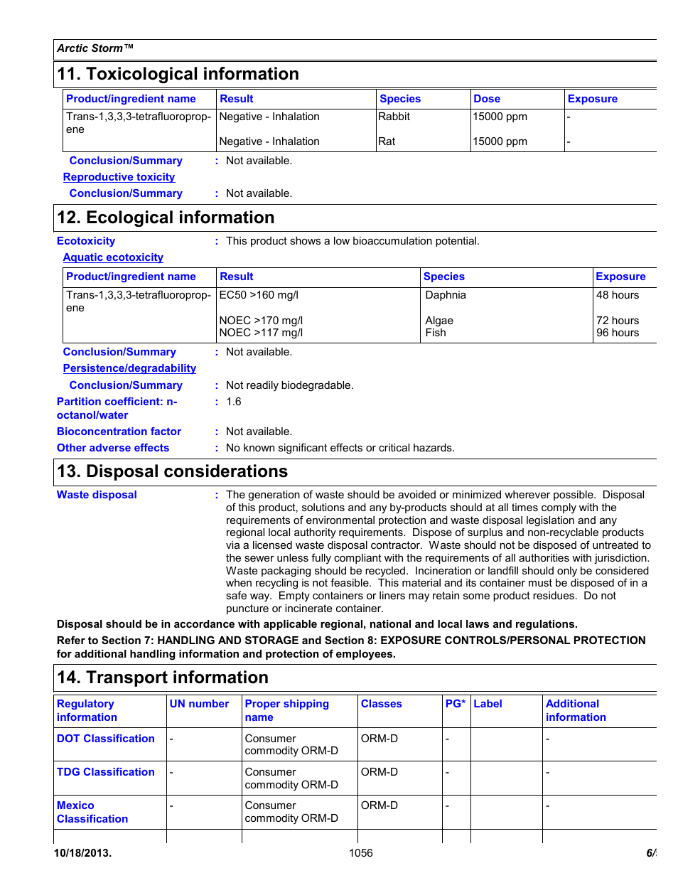 Toxicological information, Ecological information, Disposal considerations | Transport information | Chemtronics Arctic Storm ES1056 User Manual | Page 6 / 9