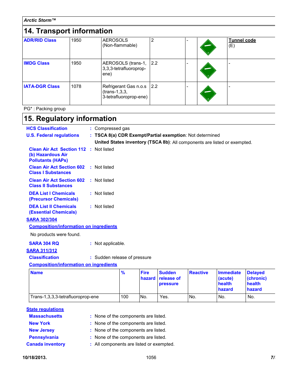 Transport information, Regulatory information | Chemtronics Arctic Storm ES1056 User Manual | Page 7 / 9