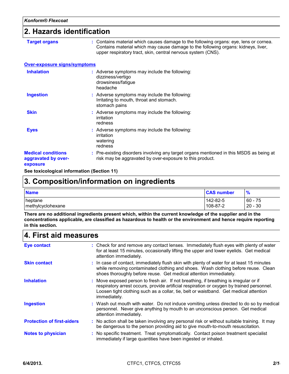 Hazards identification, Composition/information on ingredients, First aid measures | Chemtronics Konform Flexcoat CTFC5 User Manual | Page 2 / 10