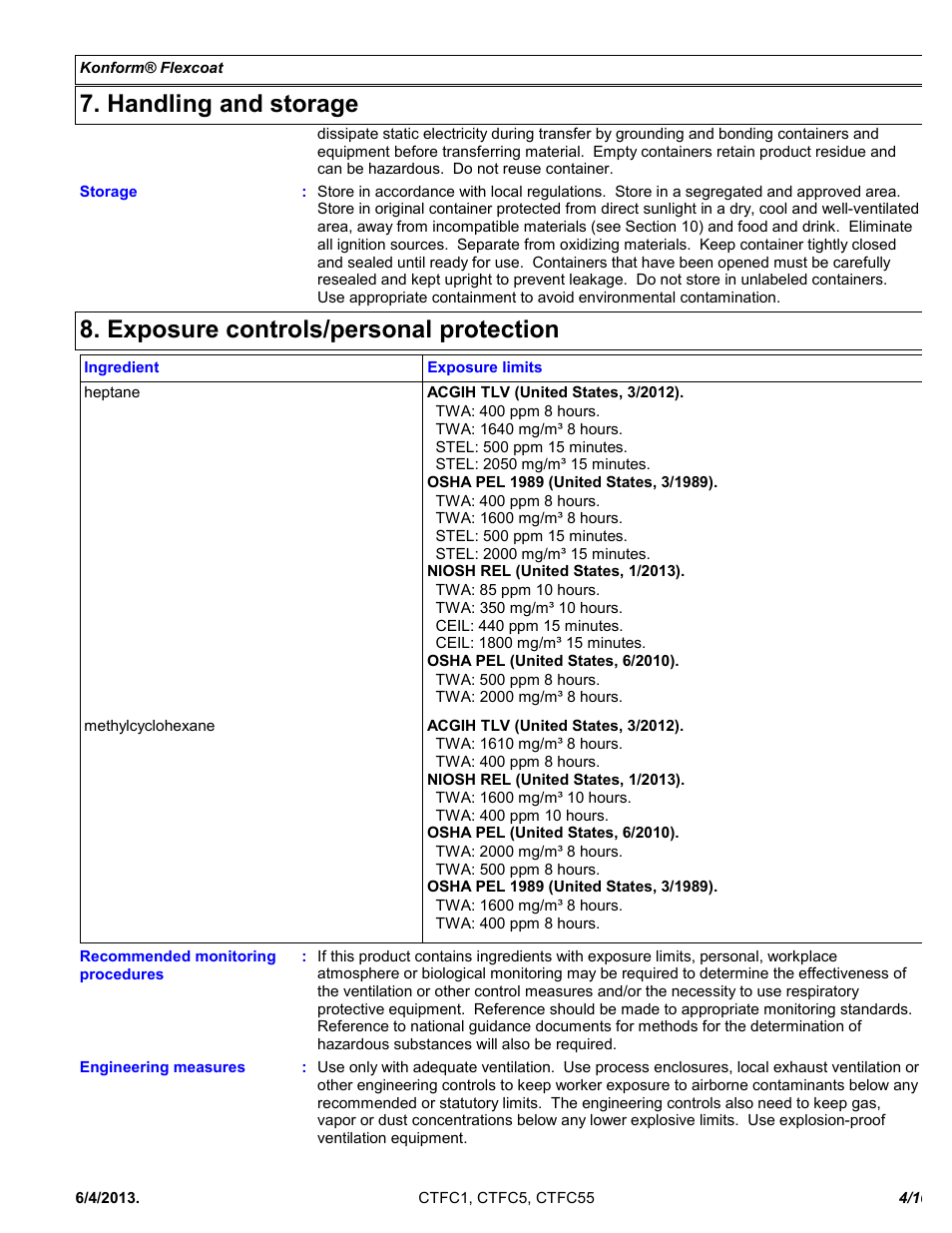 Handling and storage, Exposure controls/personal protection | Chemtronics Konform Flexcoat CTFC5 User Manual | Page 4 / 10