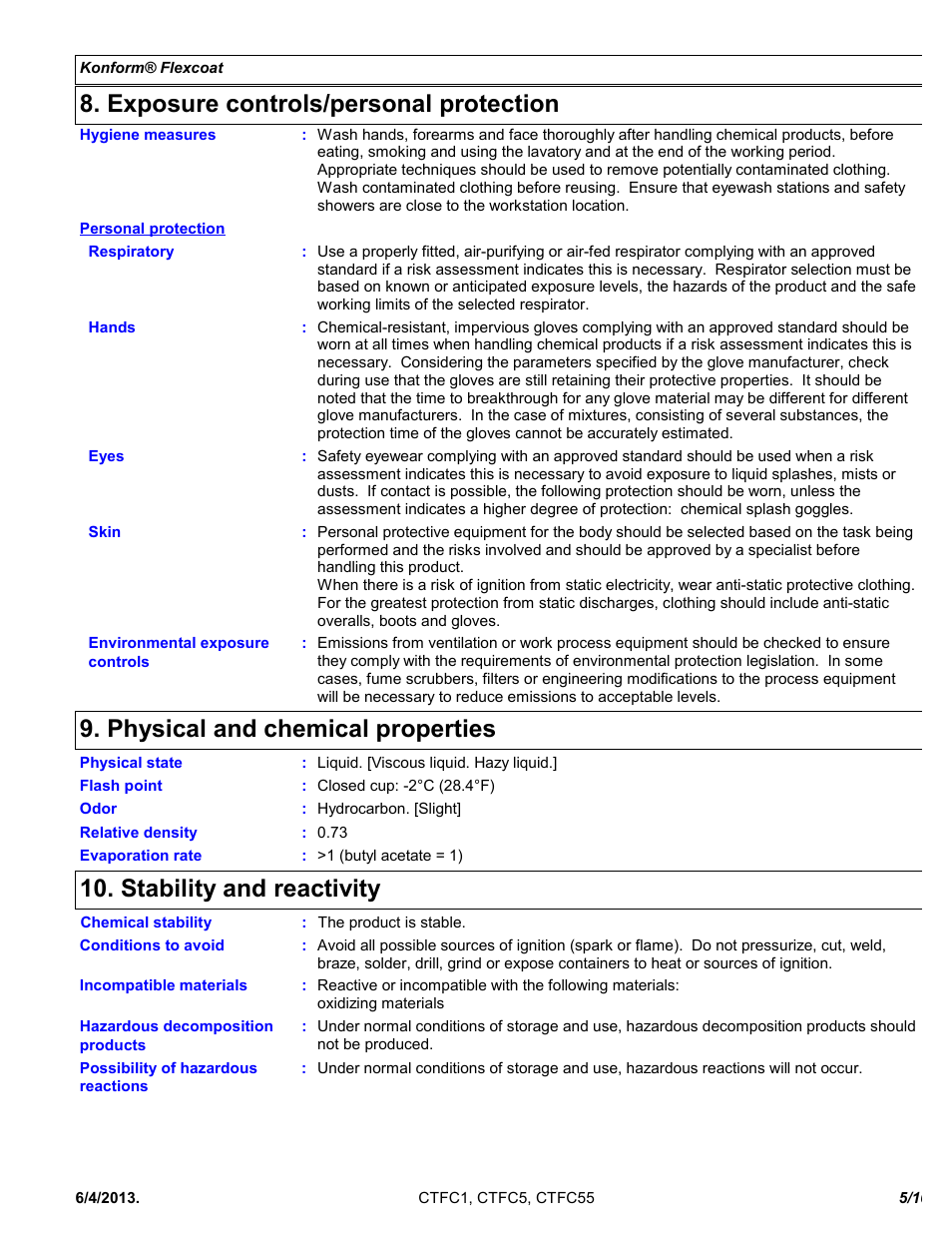 Exposure controls/personal protection, Physical and chemical properties, Stability and reactivity | Chemtronics Konform Flexcoat CTFC5 User Manual | Page 5 / 10